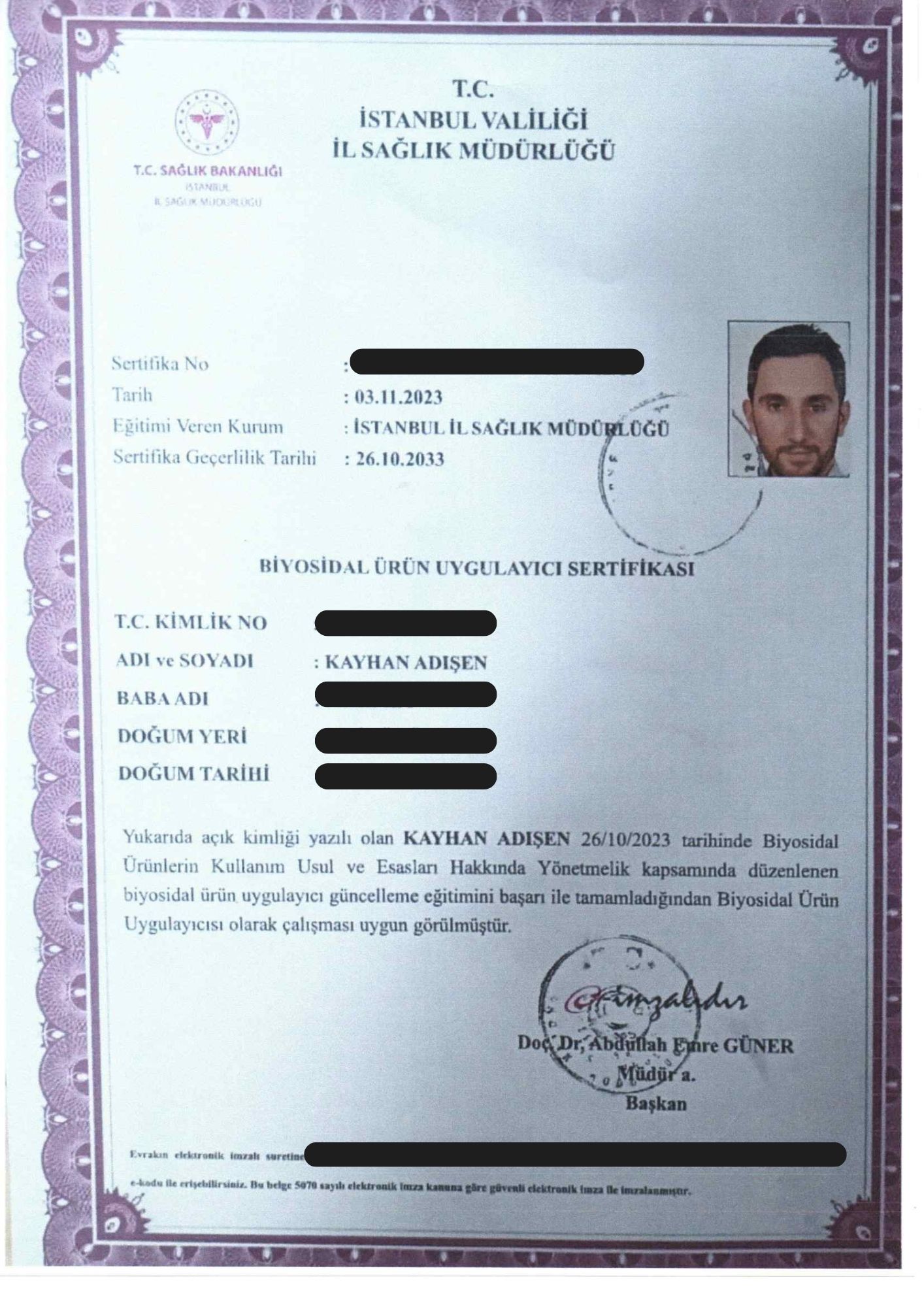 Biyosidal Ürün Uygulayıcı Sertifikası