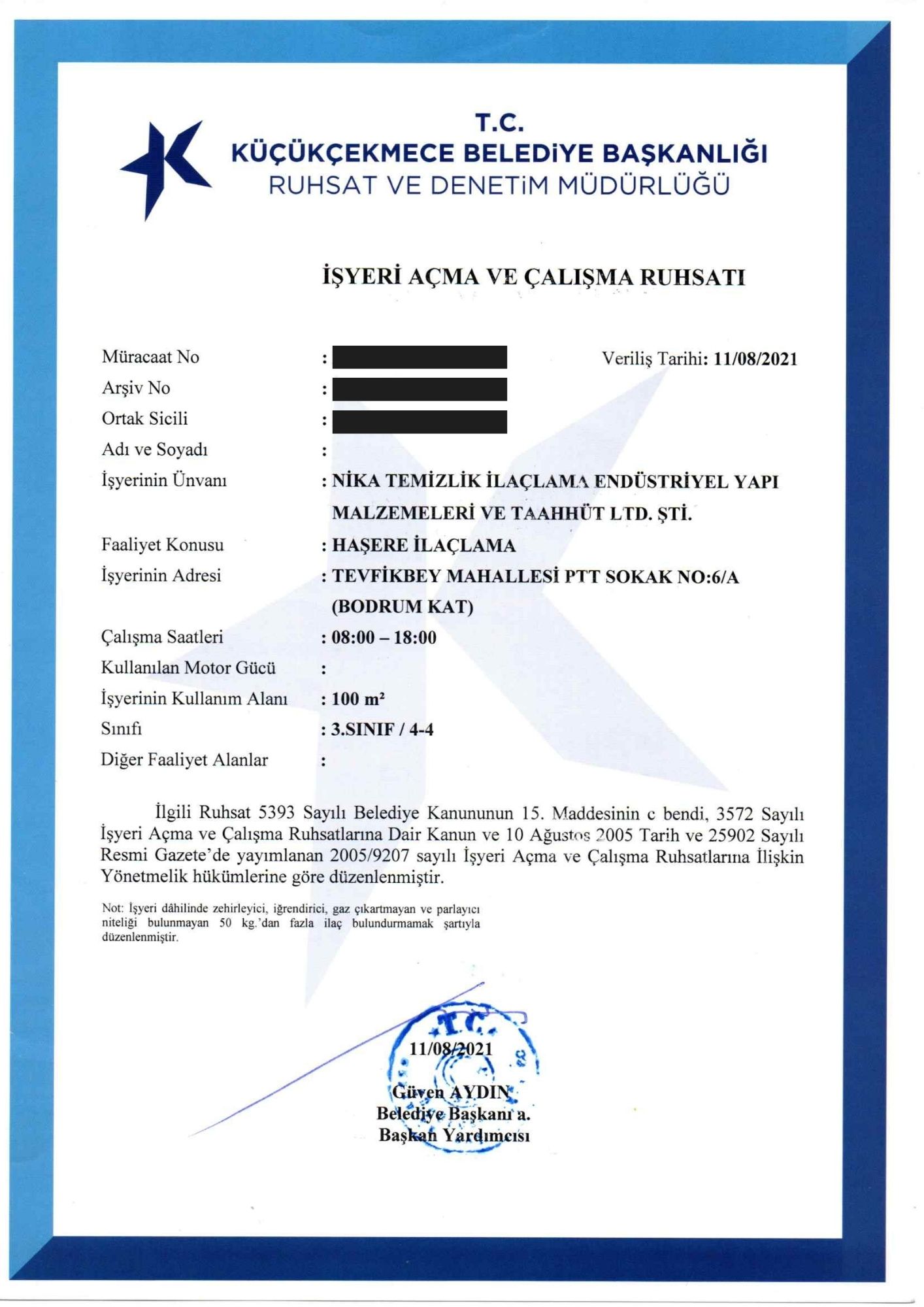 İşyeri Açma ve Çalışma Ruhsatı